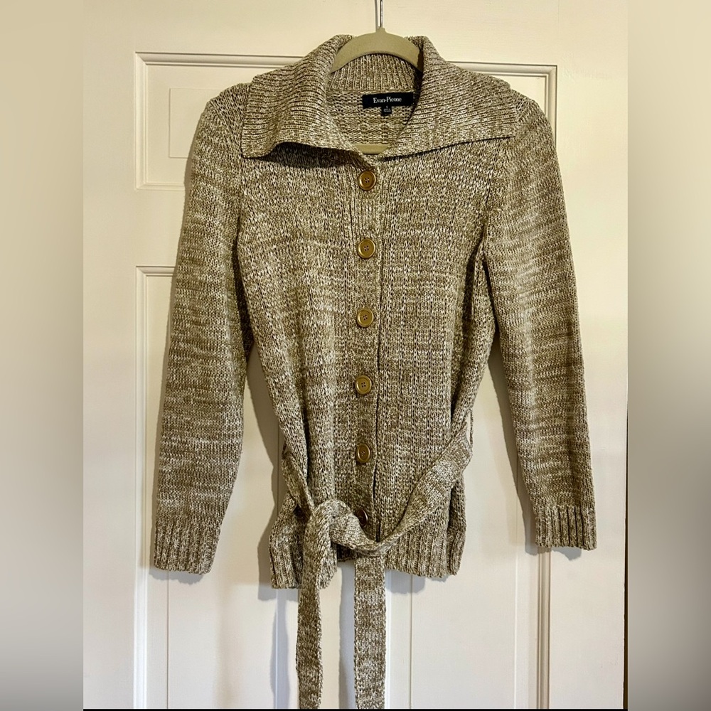 Vtg Evan Picone S Women's Tan Gold Marled Gold buttons Belted Sweater Cardigan